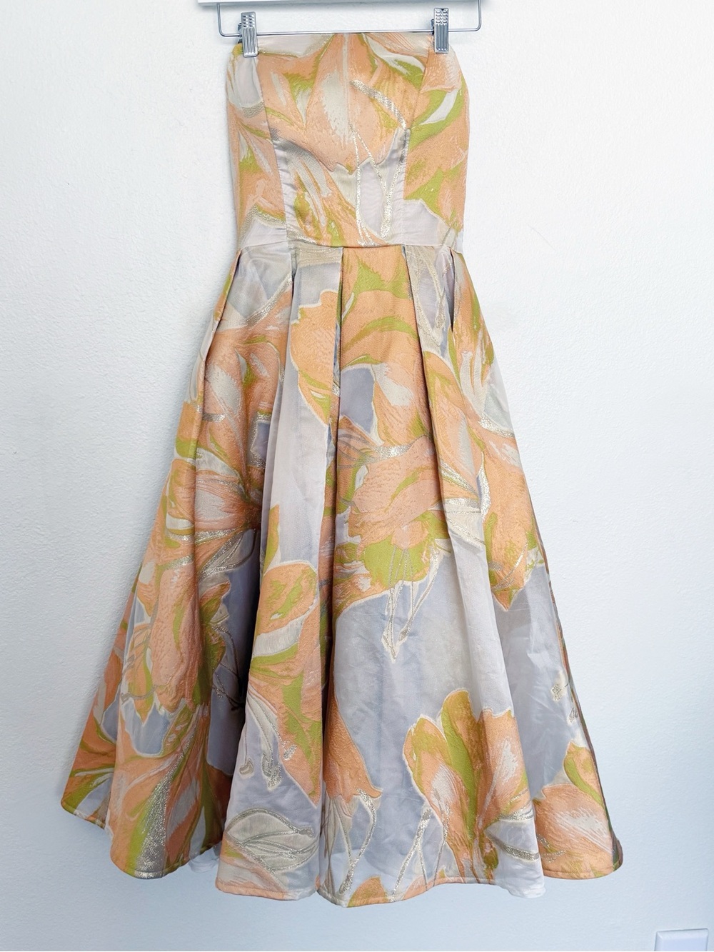 Mac Duggal Strapless Floral Metallic Jacquard Tea Length Midi Dress Size 2